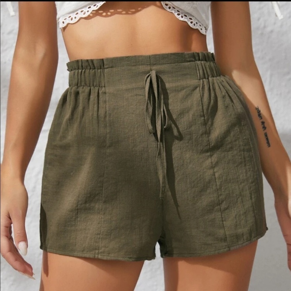 frill TRIM KNOT WAIST SOLID SHORTS | ARMY GREEN | PLAIN | SOLID | FRONT TIE - Picture 5 of 6